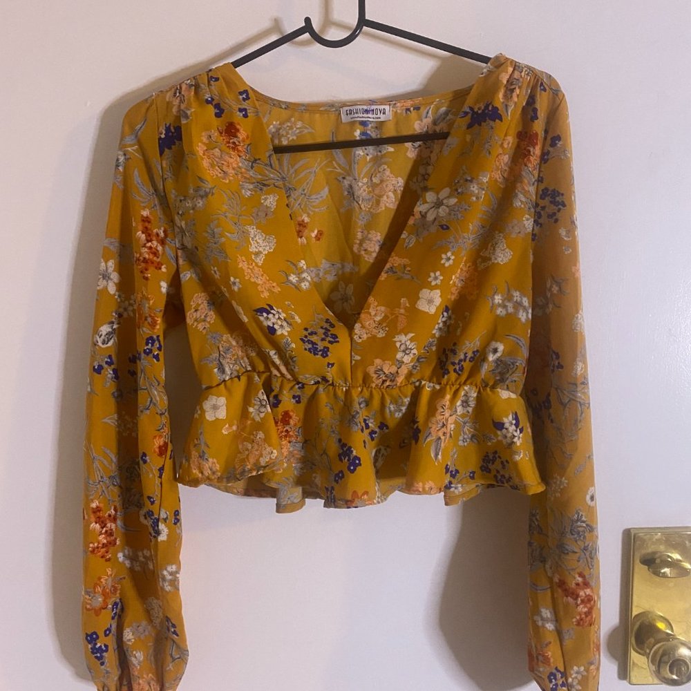 Yellow Floral Cropped Blouse